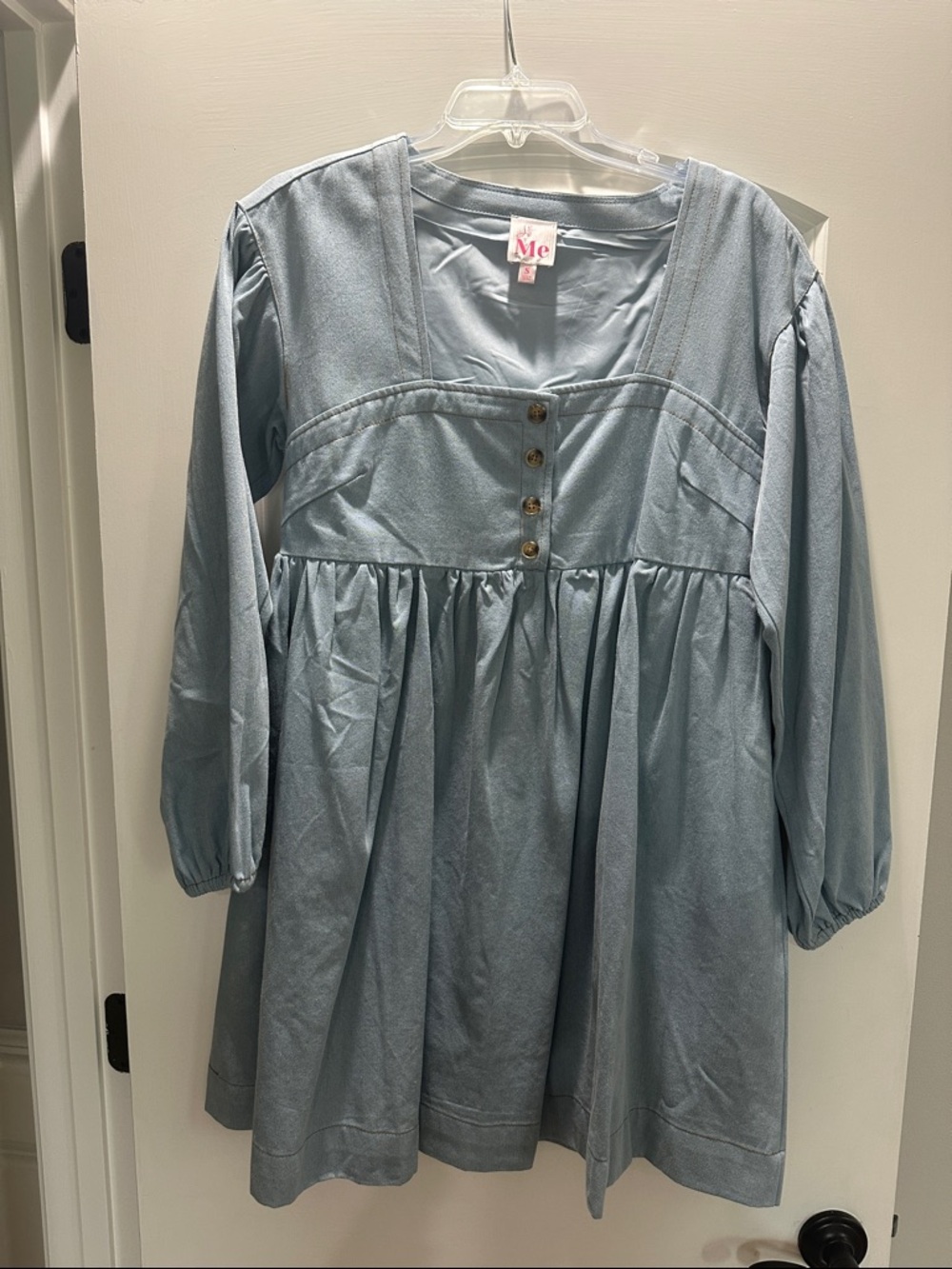 So Me Pale Blue Midi Dress with Button Front & Puff Sleeves